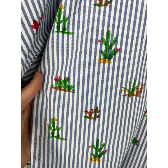 Zara White Blue Stripe Button Down Novelty Cactus Print Top XS Oversized Coastal - Picture 2 of 9